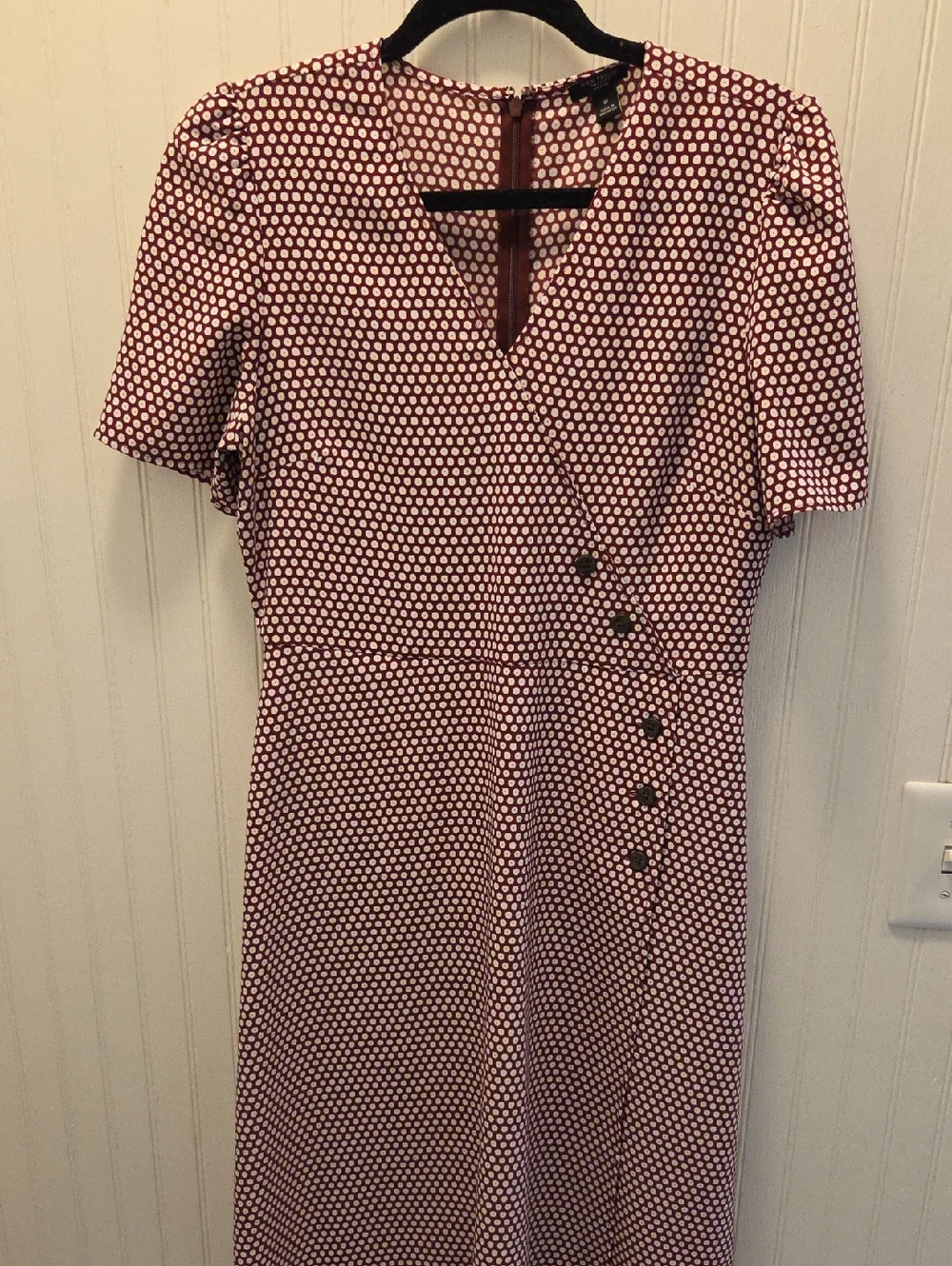 Ann Taylor Burgundy and White Polka-Dot Wrap-Style Midi Dress - Picture 1 of 5